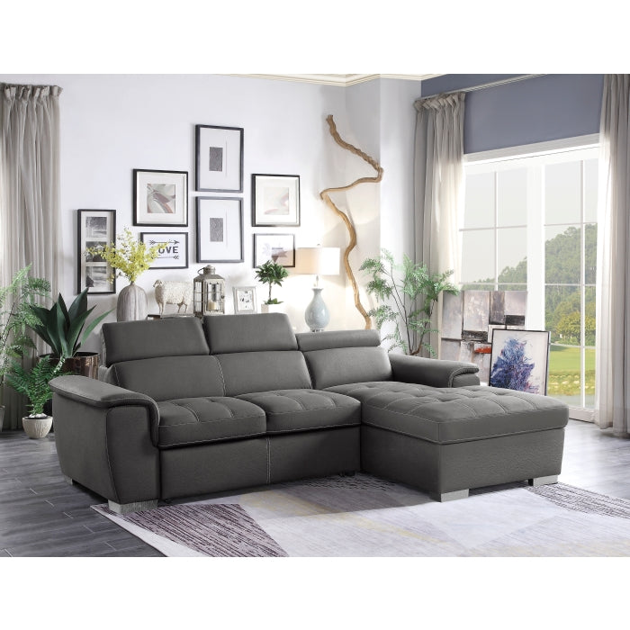 2-Piece Sectional with Adjustable Headrests, Pull-out Bed and Right Chaise with Hidden Storage