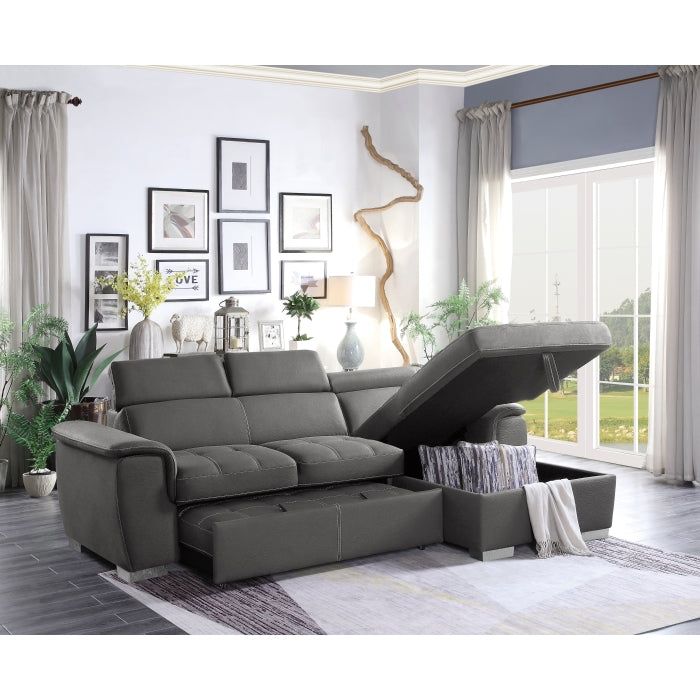 2-Piece Sectional with Adjustable Headrests, Pull-out Bed and Right Chaise with Hidden Storage