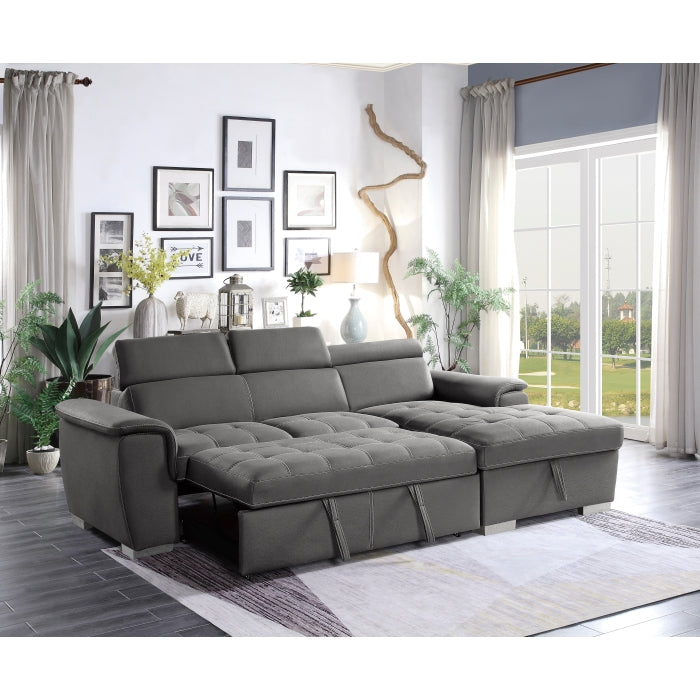 2-Piece Sectional with Adjustable Headrests, Pull-out Bed and Right Chaise with Hidden Storage