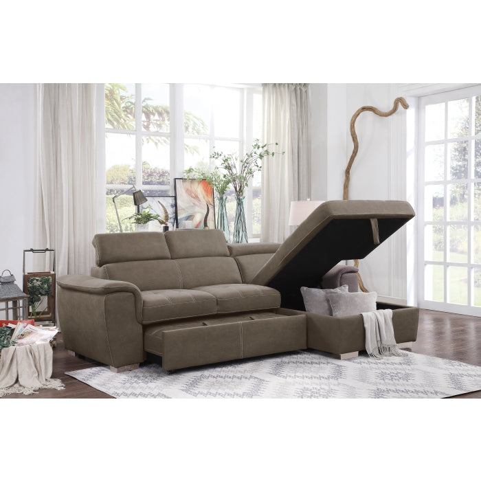 2-Piece Sectional with Adjustable Headrests, Pull-out Bed and Right Chaise with Hidden Storage