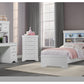 POMPEI METALLIC WHITE BOOKCASE TWIN BED WITH DESK AND HUTCH, NIGHTSTAND AND CHEST